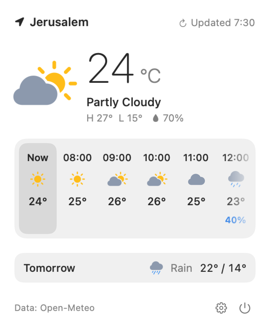 The Windowsill menu: Jerusalem, 24°C and partly cloudy, the next hours, and tomorrow.